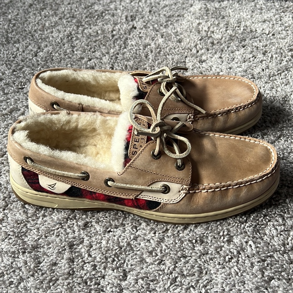 Sperry Furry Bluefish Linen/Red Plaid Shoes